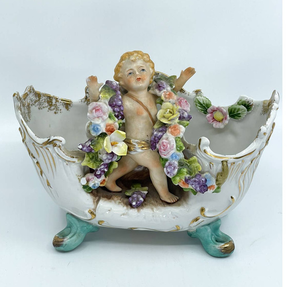 Vintage Other - Vintage Capodimonte Italian Cherub Baby w Flowers Footed Bowl Figurine Baroque